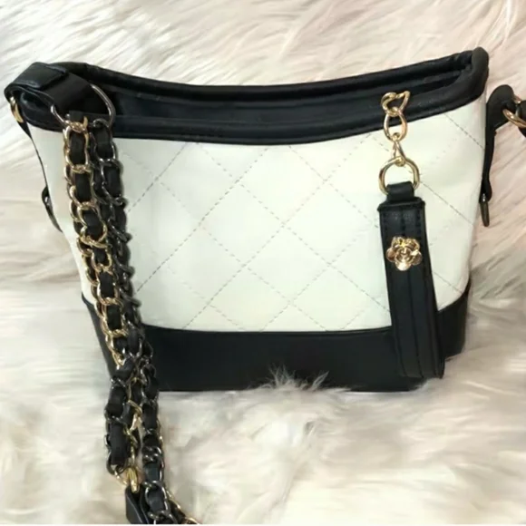 Diamond Quilted Shoulder Bag Black and White Vegan Leather - Picture 2 of 7
